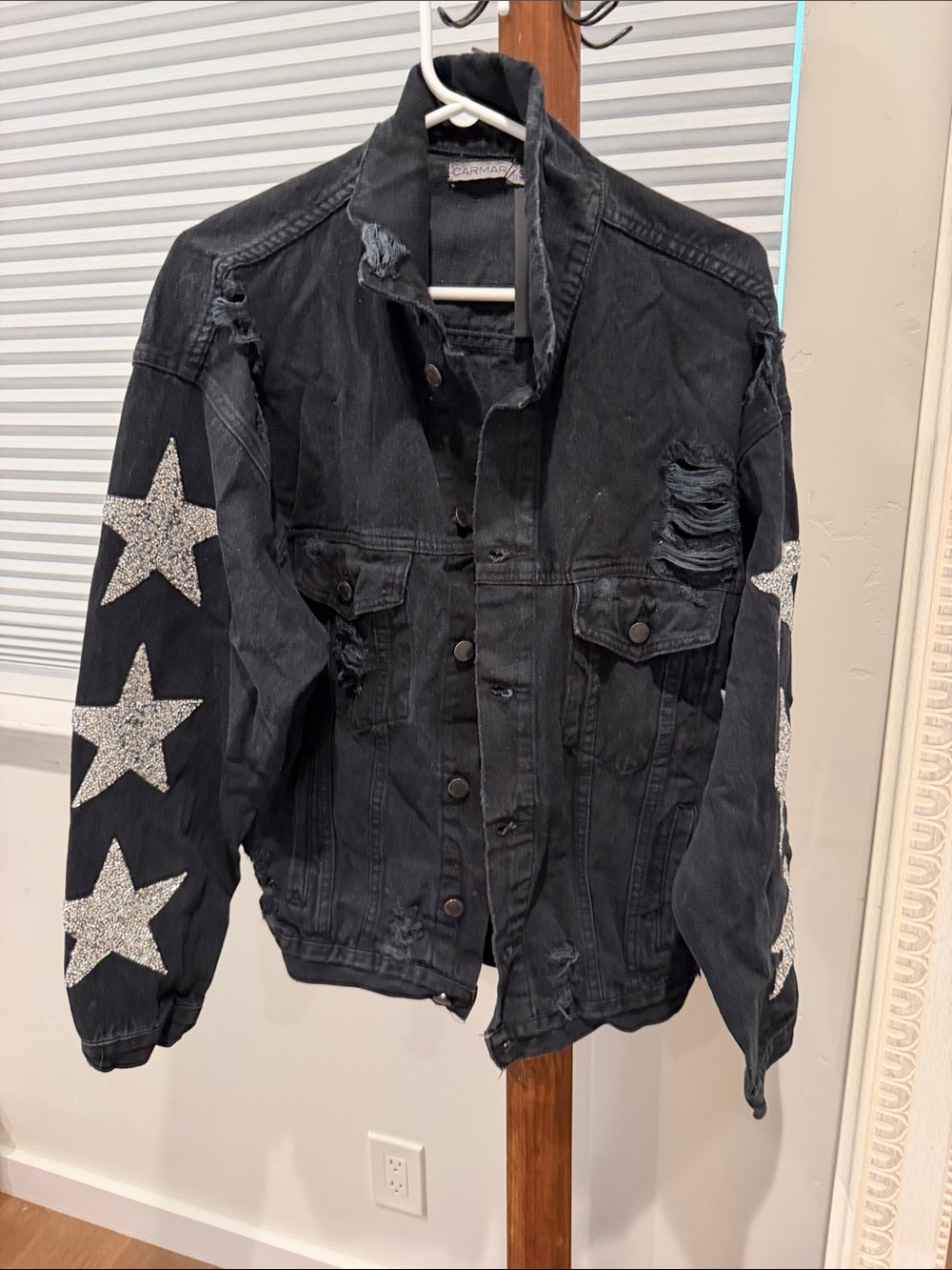 Carmar Black Distressed Denim Jacket with Silver Star Sleeves